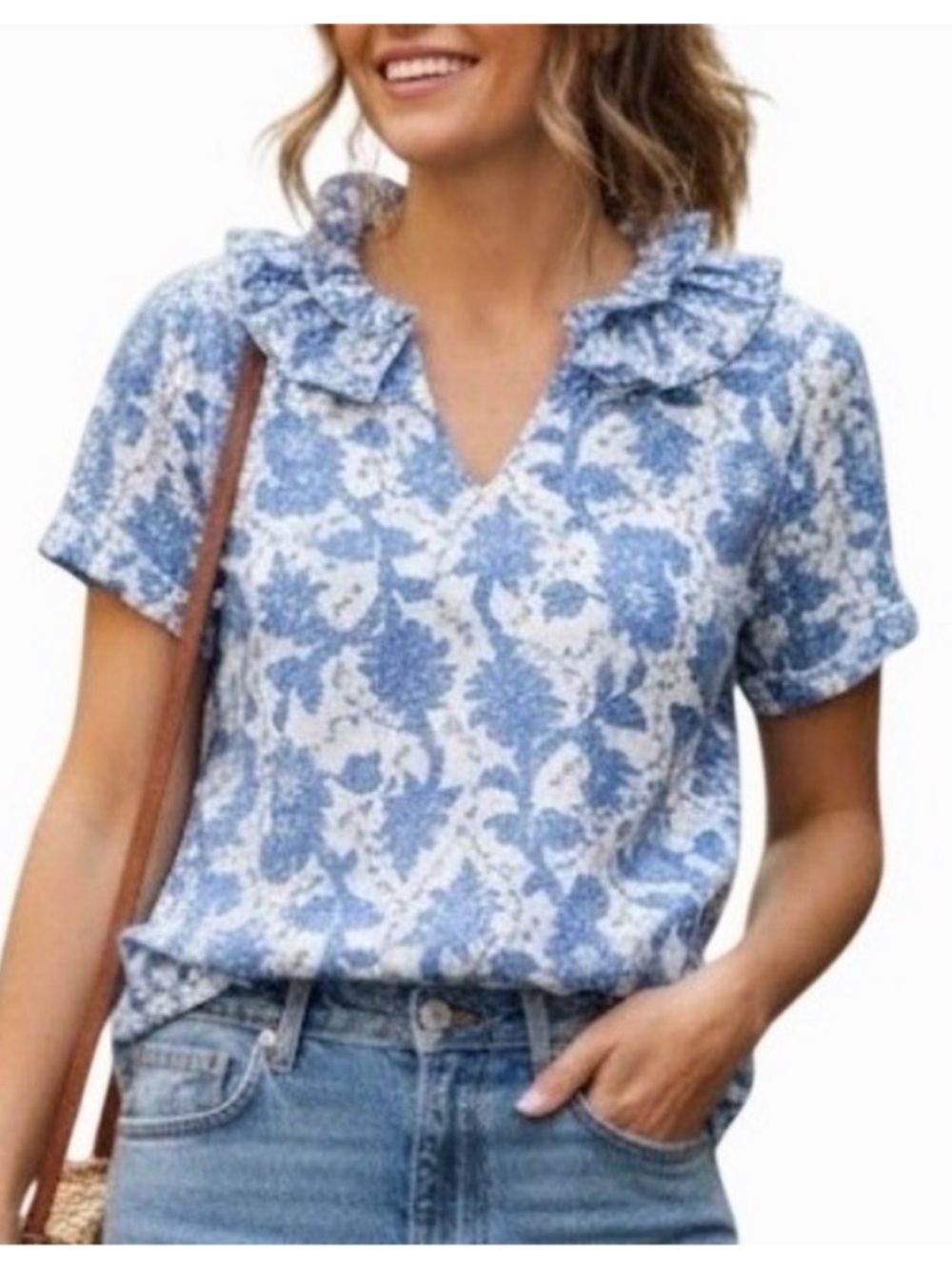 Blue Floral Ruffle V-Neck Short Sleeve Blouse